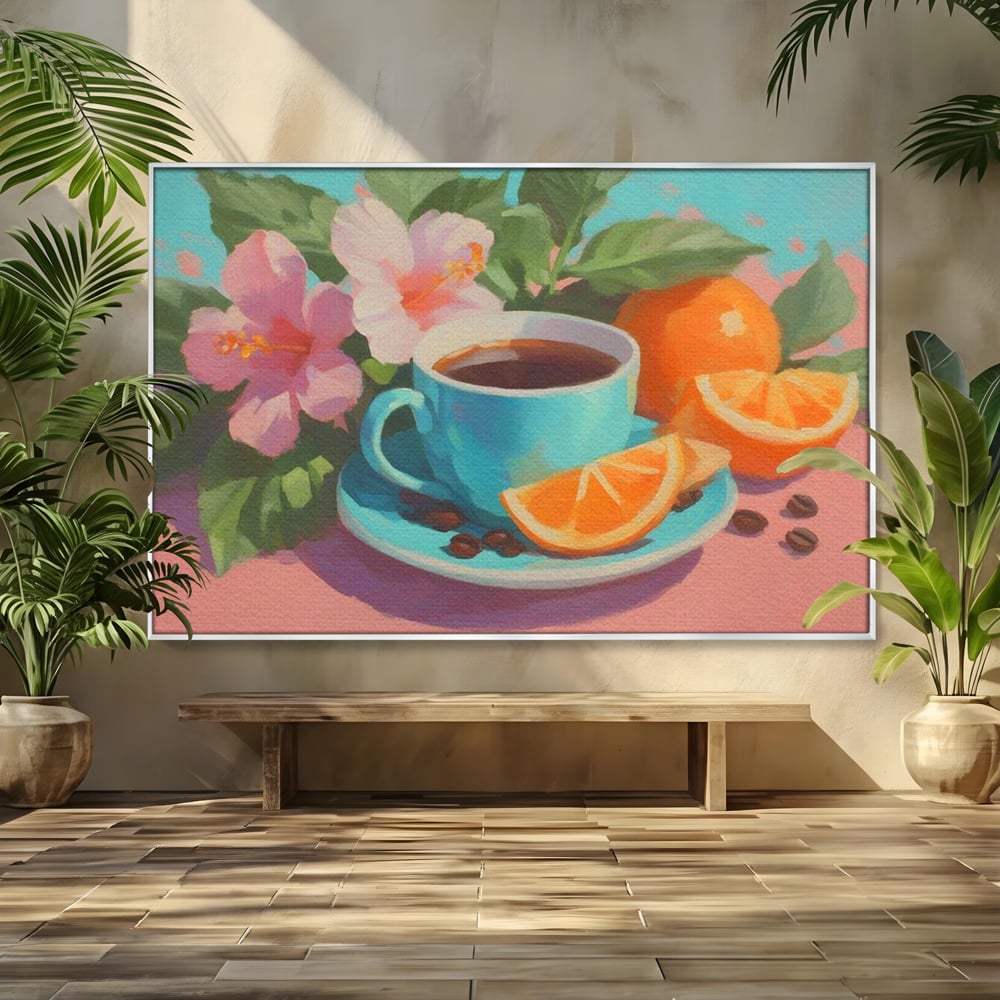 Tablou Canvas Premium, LuxCanva® N1050, Dimineti Tropicale, Ceasca, Cafea, Boabe, Portocale, Citrice, Flori, Prospetime, Exotic, Energie, Parfumat, Pub, Cafenea, Bar, Restaurant, Bucatarie