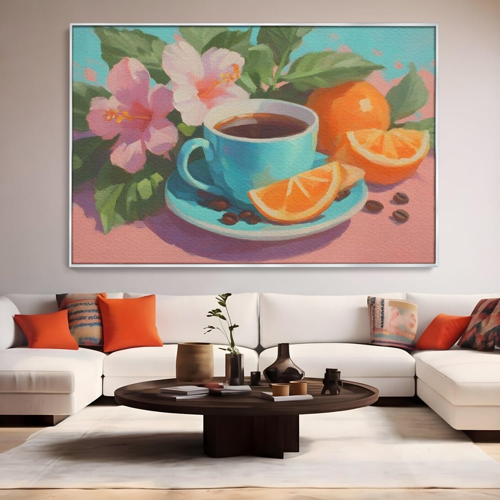 Tablou Canvas Premium, LuxCanva® N1050, Dimineti Tropicale, Ceasca, Cafea, Boabe, Portocale, Citrice, Flori, Prospetime, Exotic, Energie, Parfumat, Pub, Cafenea, Bar, Restaurant, Bucatarie