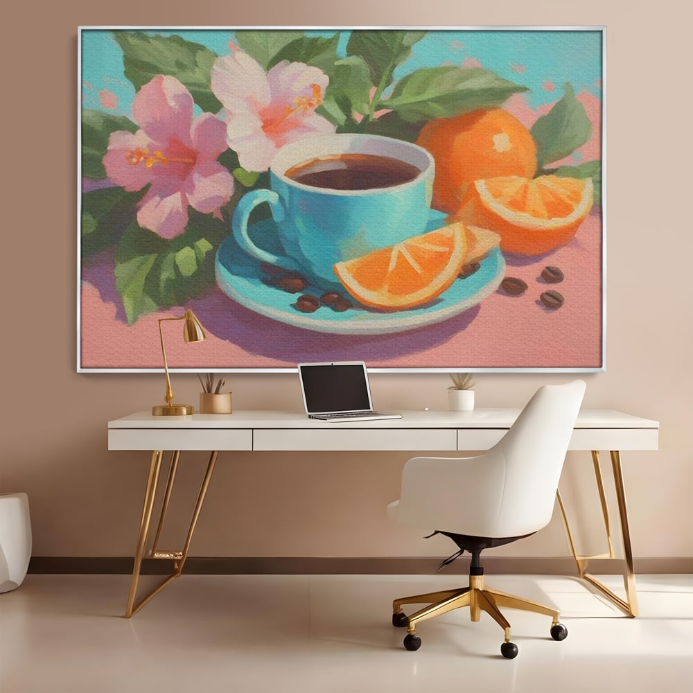 Tablou Canvas Premium, LuxCanva® N1050, Dimineti Tropicale, Ceasca, Cafea, Boabe, Portocale, Citrice, Flori, Prospetime, Exotic, Energie, Parfumat, Pub, Cafenea, Bar, Restaurant, Bucatarie