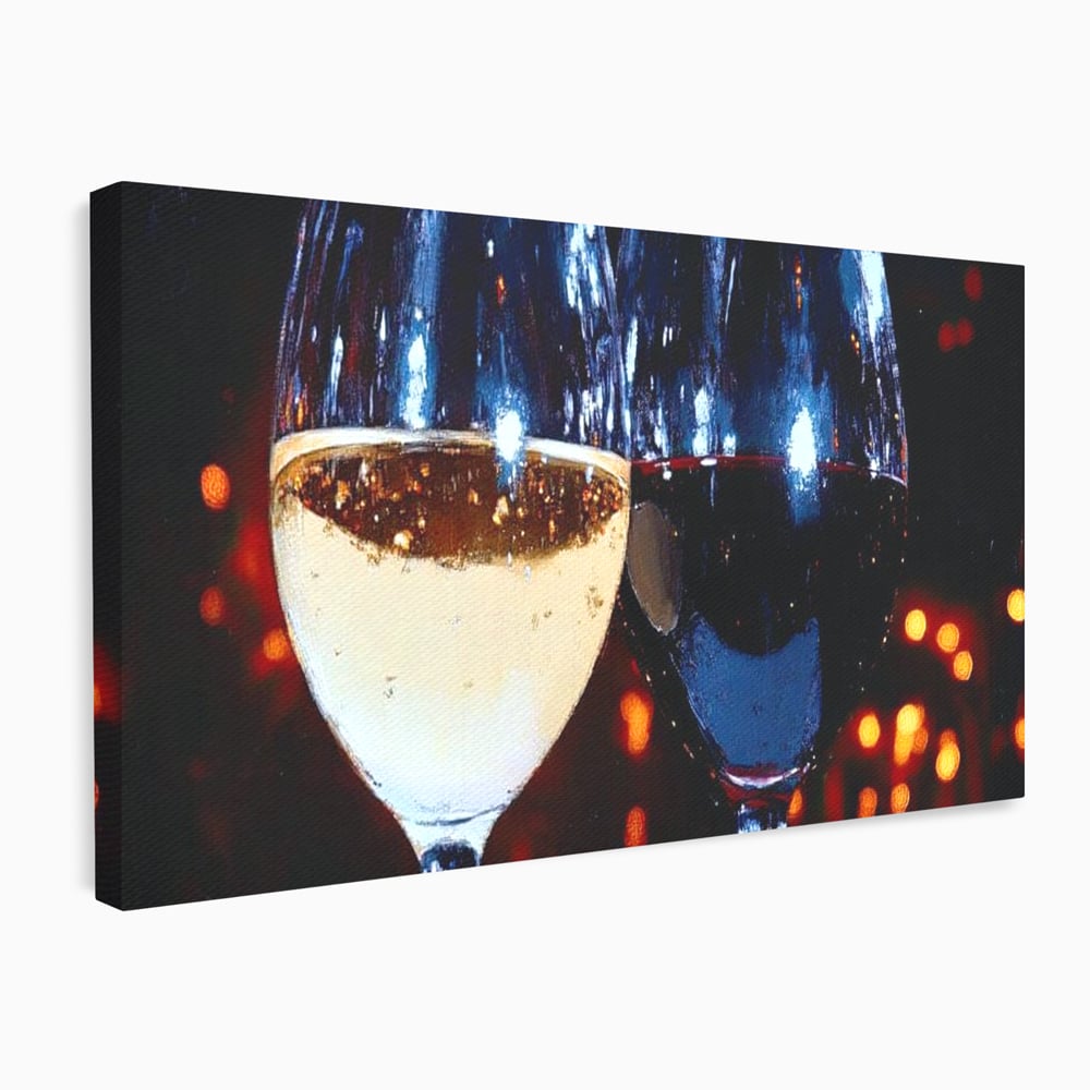 Tablou Canvas Premium, LuxCanva® N1053, Magia Serilor Tarzii, Vin, Bautura, Pahare, Noapte, Toast, Lumini, Romantic, Degustare, Reflexii, Pub, Lounge, Bar, Restaurant, Bucatarie