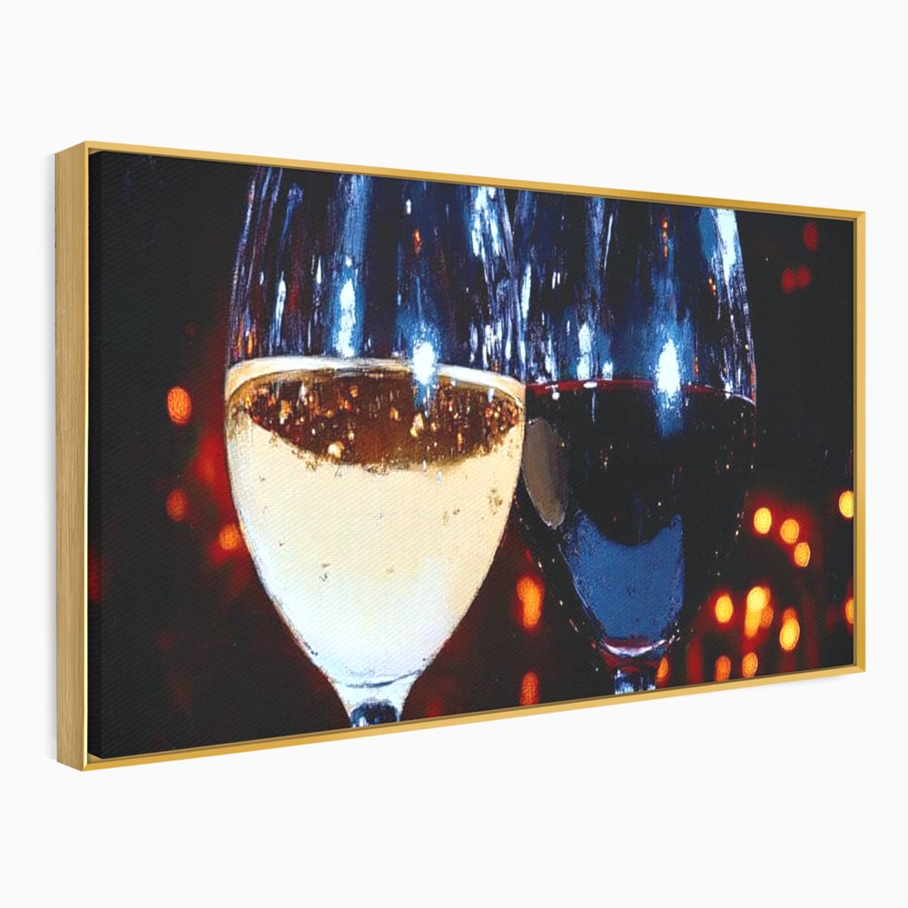 Tablou Canvas Premium, LuxCanva® N1053, Magia Serilor Tarzii, Vin, Bautura, Pahare, Noapte, Toast, Lumini, Romantic, Degustare, Reflexii, Pub, Lounge, Bar, Restaurant, Bucatarie