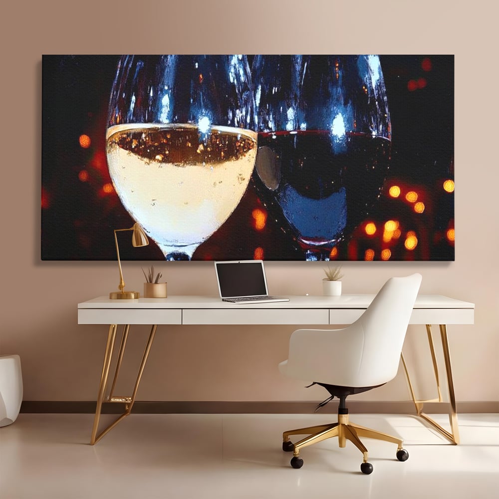 Tablou Canvas Premium, LuxCanva® N1053, Magia Serilor Tarzii, Vin, Bautura, Pahare, Noapte, Toast, Lumini, Romantic, Degustare, Reflexii, Pub, Lounge, Bar, Restaurant, Bucatarie