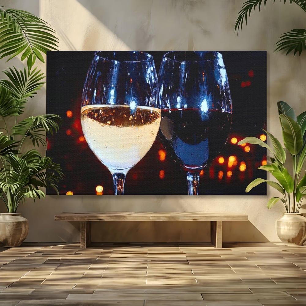 Tablou Canvas Premium, LuxCanva® N1053, Magia Serilor Tarzii, Vin, Bautura, Pahare, Noapte, Toast, Lumini, Romantic, Degustare, Reflexii, Pub, Lounge, Bar, Restaurant, Bucatarie