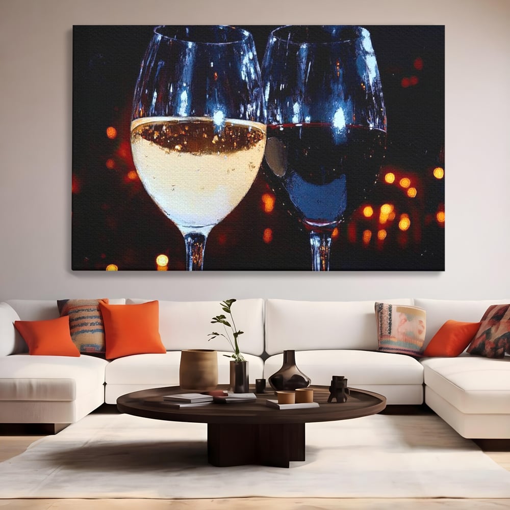 Tablou Canvas Premium, LuxCanva® N1053, Magia Serilor Tarzii, Vin, Bautura, Pahare, Noapte, Toast, Lumini, Romantic, Degustare, Reflexii, Pub, Lounge, Bar, Restaurant, Bucatarie