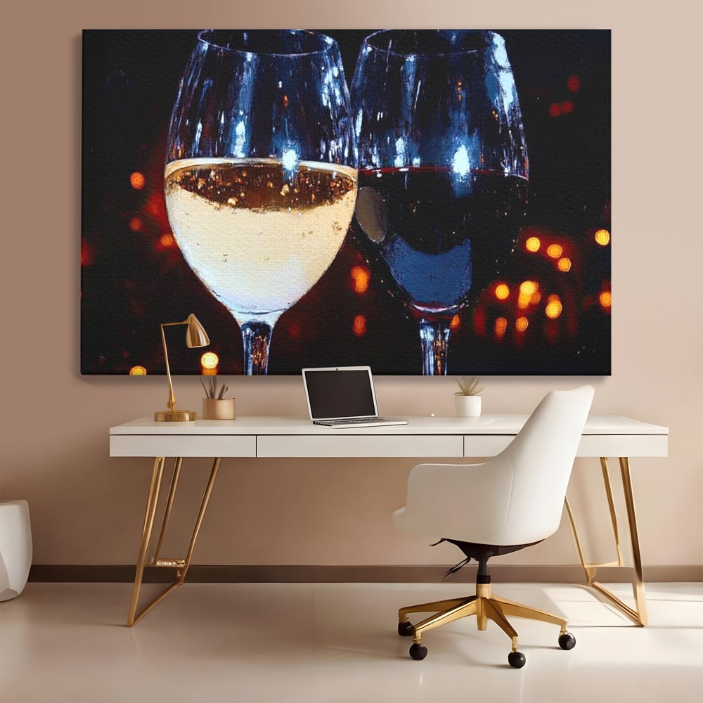 Tablou Canvas Premium, LuxCanva® N1053, Magia Serilor Tarzii, Vin, Bautura, Pahare, Noapte, Toast, Lumini, Romantic, Degustare, Reflexii, Pub, Lounge, Bar, Restaurant, Bucatarie