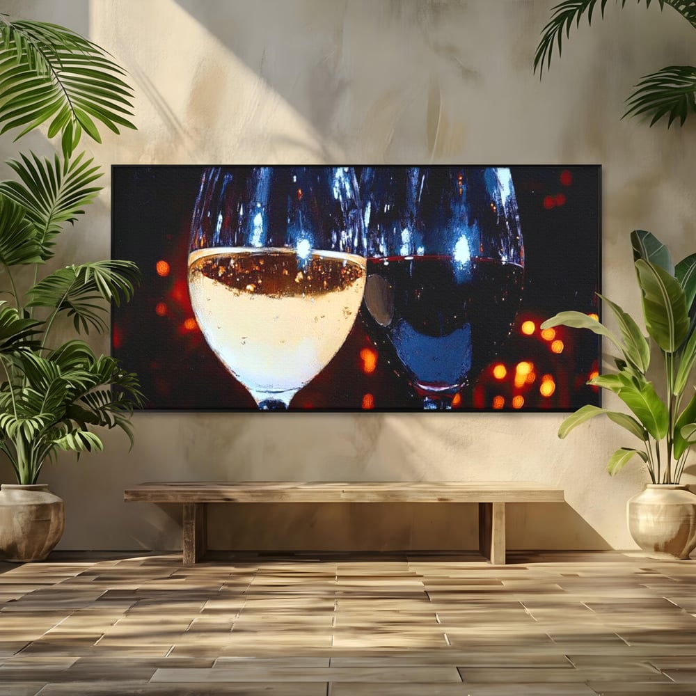 Tablou Canvas Premium, LuxCanva® N1053, Magia Serilor Tarzii, Vin, Bautura, Pahare, Noapte, Toast, Lumini, Romantic, Degustare, Reflexii, Pub, Lounge, Bar, Restaurant, Bucatarie