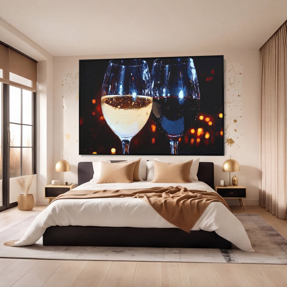 Tablou Canvas Premium, LuxCanva® N1053, Magia Serilor Tarzii, Vin, Bautura, Pahare, Noapte, Toast, Lumini, Romantic, Degustare, Reflexii, Pub, Lounge, Bar, Restaurant, Bucatarie