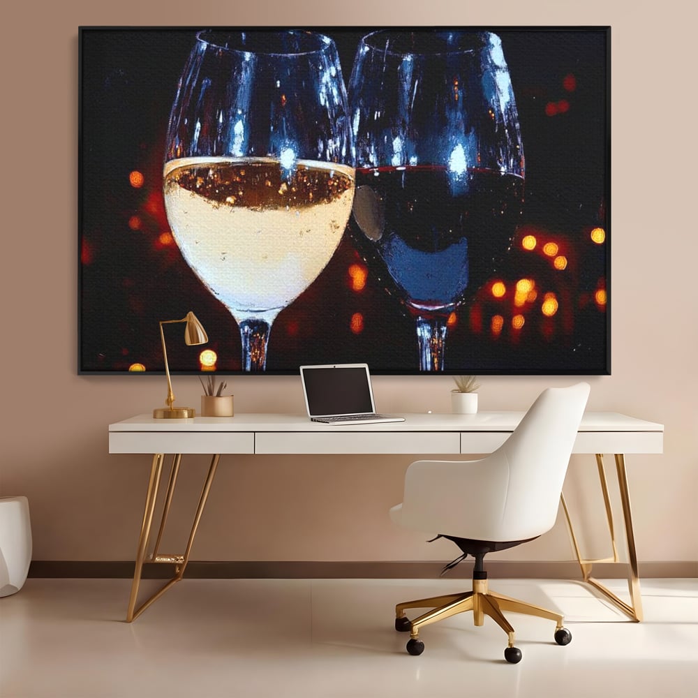 Tablou Canvas Premium, LuxCanva® N1053, Magia Serilor Tarzii, Vin, Bautura, Pahare, Noapte, Toast, Lumini, Romantic, Degustare, Reflexii, Pub, Lounge, Bar, Restaurant, Bucatarie