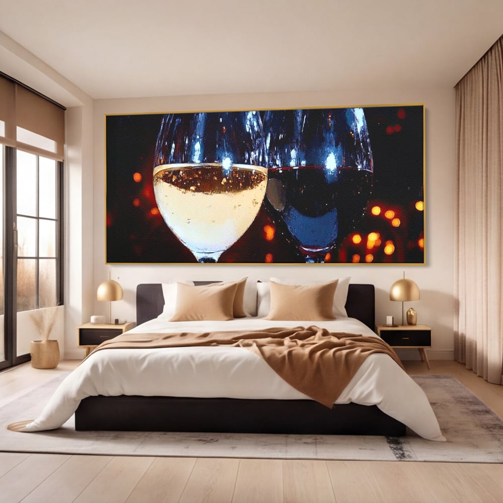 Tablou Canvas Premium, LuxCanva® N1053, Magia Serilor Tarzii, Vin, Bautura, Pahare, Noapte, Toast, Lumini, Romantic, Degustare, Reflexii, Pub, Lounge, Bar, Restaurant, Bucatarie