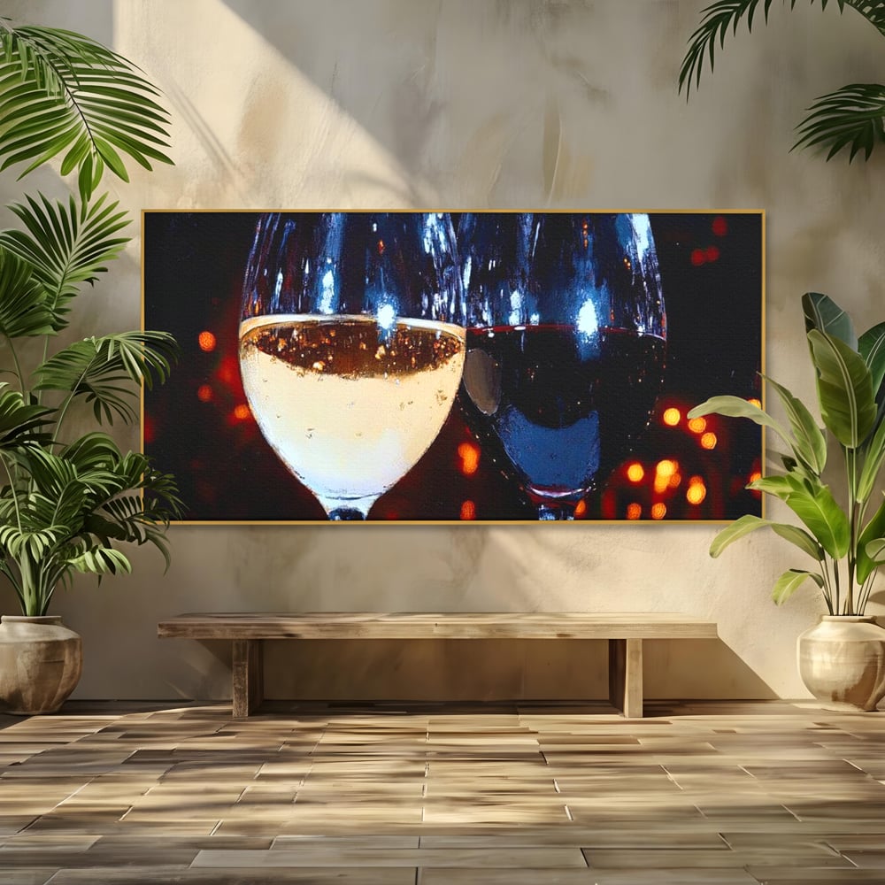 Tablou Canvas Premium, LuxCanva® N1053, Magia Serilor Tarzii, Vin, Bautura, Pahare, Noapte, Toast, Lumini, Romantic, Degustare, Reflexii, Pub, Lounge, Bar, Restaurant, Bucatarie