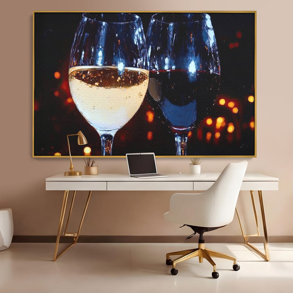 Tablou Canvas Premium, LuxCanva® N1053, Magia Serilor Tarzii, Vin, Bautura, Pahare, Noapte, Toast, Lumini, Romantic, Degustare, Reflexii, Pub, Lounge, Bar, Restaurant, Bucatarie