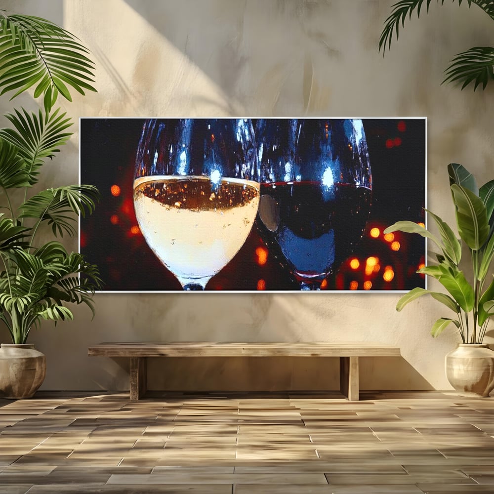 Tablou Canvas Premium, LuxCanva® N1053, Magia Serilor Tarzii, Vin, Bautura, Pahare, Noapte, Toast, Lumini, Romantic, Degustare, Reflexii, Pub, Lounge, Bar, Restaurant, Bucatarie