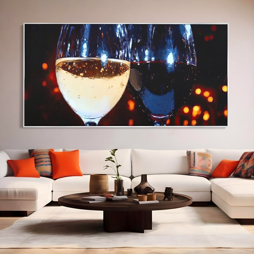 Tablou Canvas Premium, LuxCanva® N1053, Magia Serilor Tarzii, Vin, Bautura, Pahare, Noapte, Toast, Lumini, Romantic, Degustare, Reflexii, Pub, Lounge, Bar, Restaurant, Bucatarie