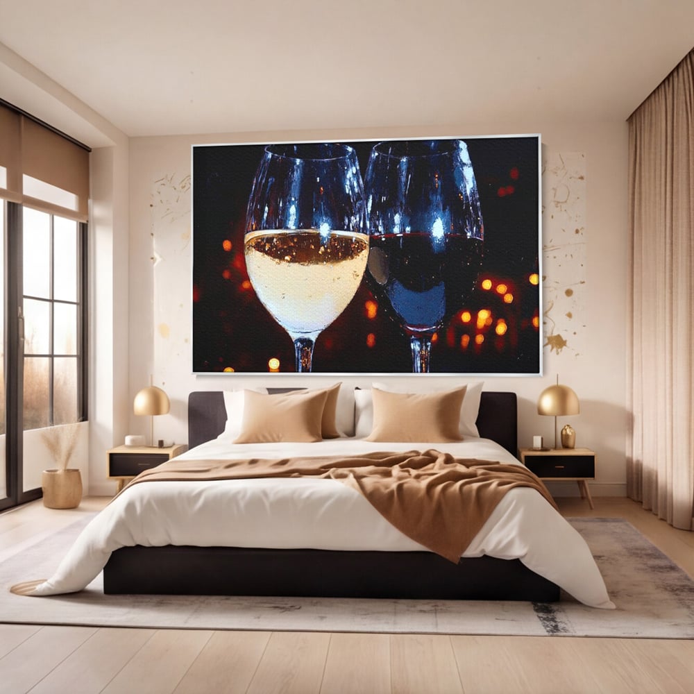 Tablou Canvas Premium, LuxCanva® N1053, Magia Serilor Tarzii, Vin, Bautura, Pahare, Noapte, Toast, Lumini, Romantic, Degustare, Reflexii, Pub, Lounge, Bar, Restaurant, Bucatarie