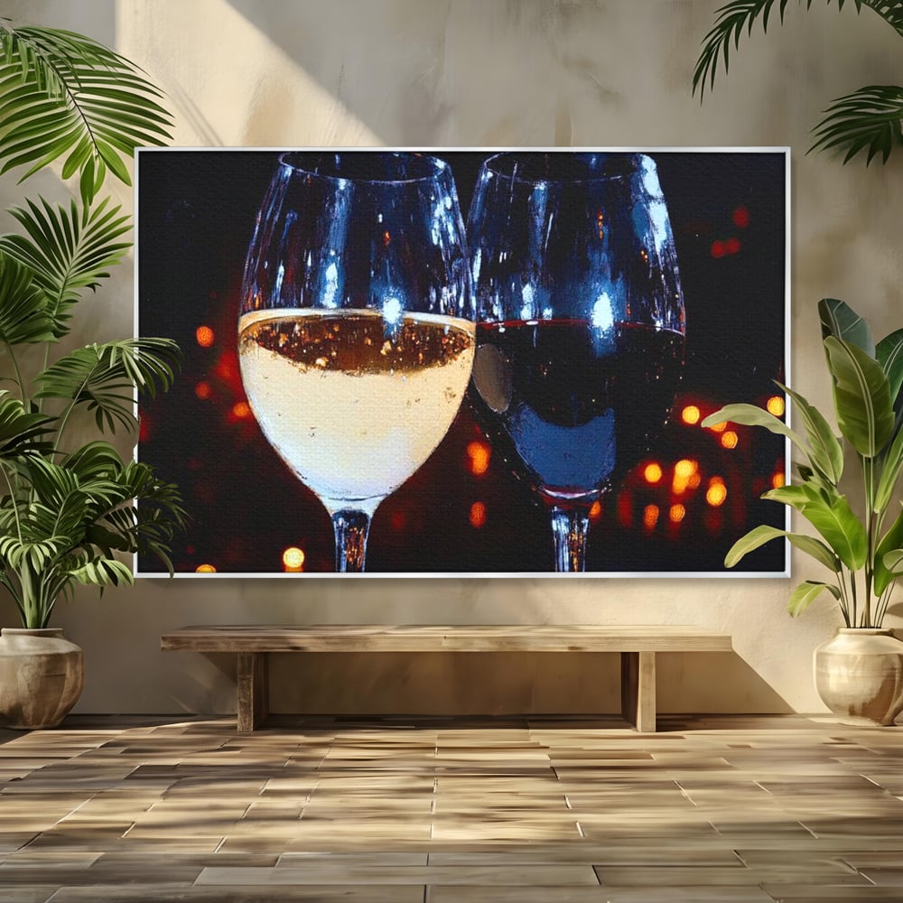 Tablou Canvas Premium, LuxCanva® N1053, Magia Serilor Tarzii, Vin, Bautura, Pahare, Noapte, Toast, Lumini, Romantic, Degustare, Reflexii, Pub, Lounge, Bar, Restaurant, Bucatarie