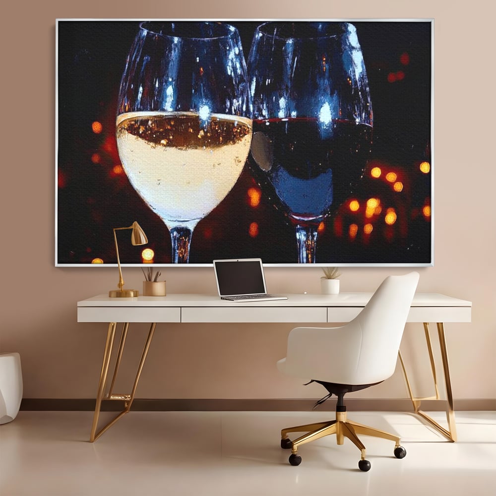 Tablou Canvas Premium, LuxCanva® N1053, Magia Serilor Tarzii, Vin, Bautura, Pahare, Noapte, Toast, Lumini, Romantic, Degustare, Reflexii, Pub, Lounge, Bar, Restaurant, Bucatarie