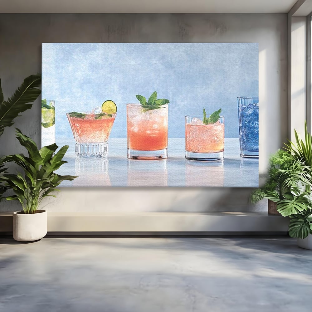 Tablou Canvas Premium, LuxCanva® N1054, Parada Cocktailurilor, Pahare, Bautura, Cocktail, Tropical, Vara, Racoritor, Petrecere, Fresh, Vacanta, Pub, Lounge, Bar, Restaurant, Bucatarie