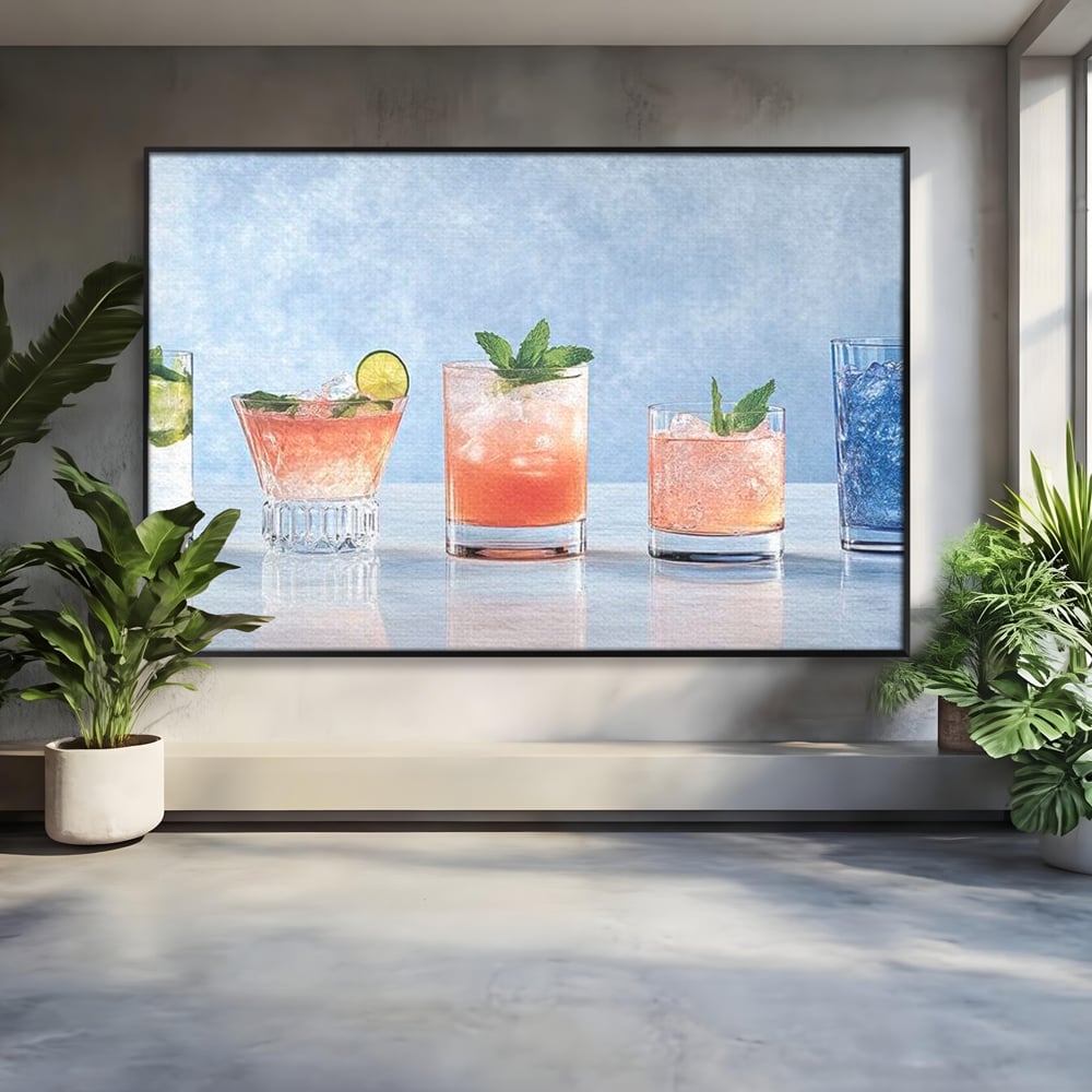 Tablou Canvas Premium, LuxCanva® N1054, Parada Cocktailurilor, Pahare, Bautura, Cocktail, Tropical, Vara, Racoritor, Petrecere, Fresh, Vacanta, Pub, Lounge, Bar, Restaurant, Bucatarie