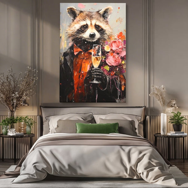 Leinwand Premium Leinwand Wandkunst, LuxCanva® N1055, Special Guest, Maus, Tier, Champagner, Getränk, Glas, Kostüm, elegant, Blumen, Party, Kneipe, Lounge, Bar, Restaurant, Küche, Küche