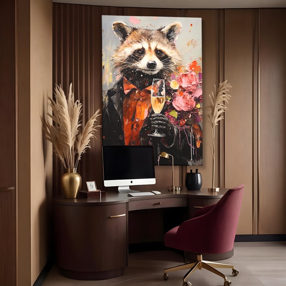 Leinwand Premium Leinwand Wandkunst, LuxCanva® N1055, Special Guest, Maus, Tier, Champagner, Getränk, Glas, Kostüm, elegant, Blumen, Party, Kneipe, Lounge, Bar, Restaurant, Küche, Küche