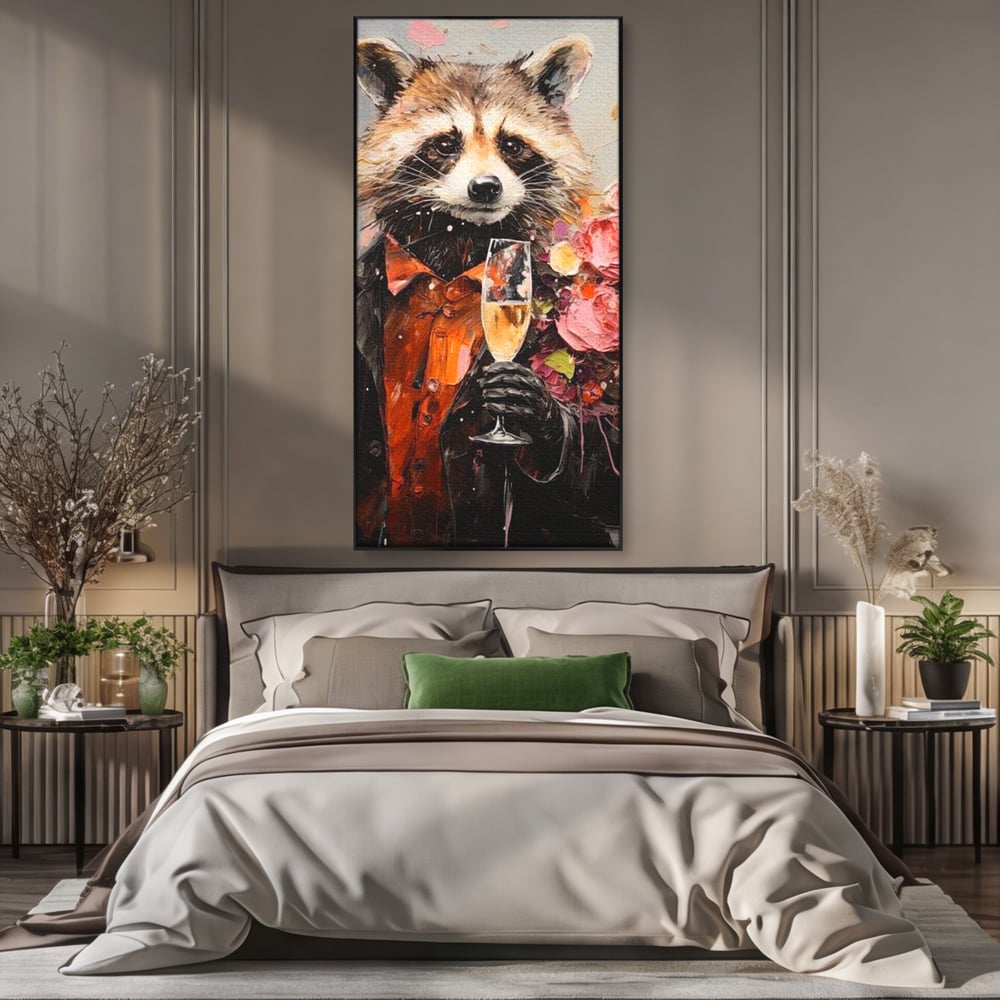 Leinwand Premium Leinwand Wandkunst, LuxCanva® N1055, Special Guest, Maus, Tier, Champagner, Getränk, Glas, Kostüm, elegant, Blumen, Party, Kneipe, Lounge, Bar, Restaurant, Küche, Küche