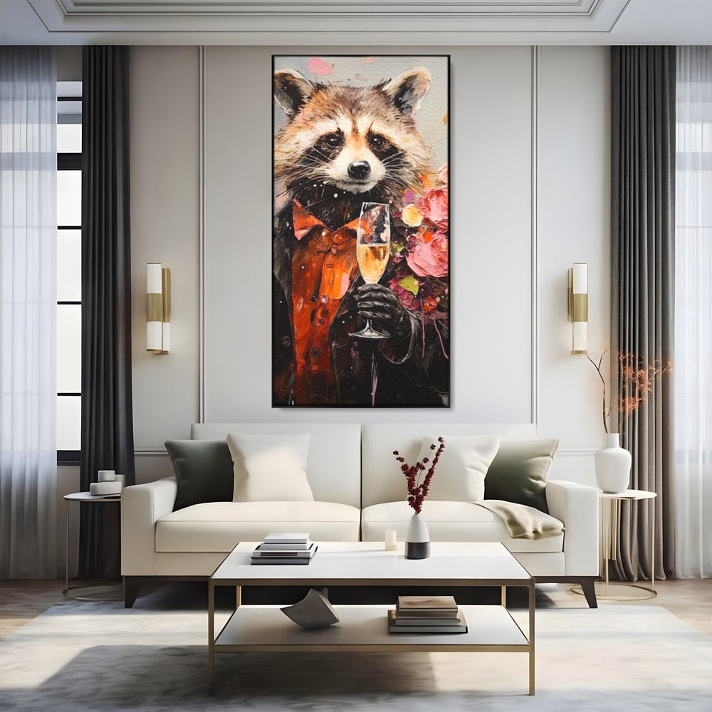 Leinwand Premium Leinwand Wandkunst, LuxCanva® N1055, Special Guest, Maus, Tier, Champagner, Getränk, Glas, Kostüm, elegant, Blumen, Party, Kneipe, Lounge, Bar, Restaurant, Küche, Küche