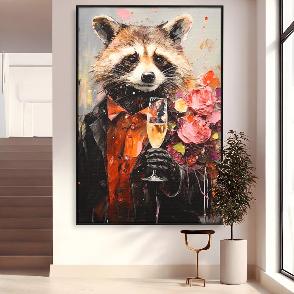 Leinwand Premium Leinwand Wandkunst, LuxCanva® N1055, Special Guest, Maus, Tier, Champagner, Getränk, Glas, Kostüm, elegant, Blumen, Party, Kneipe, Lounge, Bar, Restaurant, Küche, Küche
