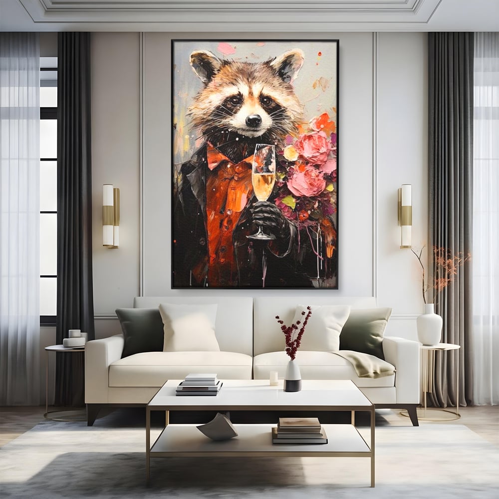 Leinwand Premium Leinwand Wandkunst, LuxCanva® N1055, Special Guest, Maus, Tier, Champagner, Getränk, Glas, Kostüm, elegant, Blumen, Party, Kneipe, Lounge, Bar, Restaurant, Küche, Küche