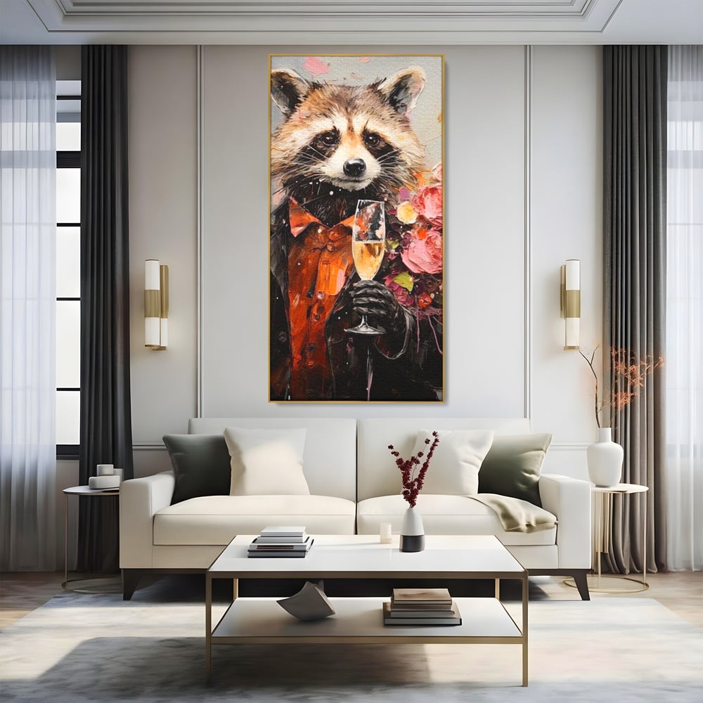 Leinwand Premium Leinwand Wandkunst, LuxCanva® N1055, Special Guest, Maus, Tier, Champagner, Getränk, Glas, Kostüm, elegant, Blumen, Party, Kneipe, Lounge, Bar, Restaurant, Küche, Küche