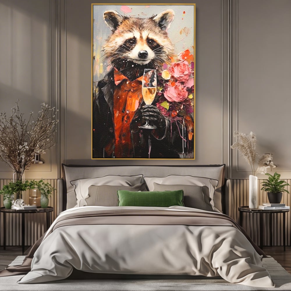 Leinwand Premium Leinwand Wandkunst, LuxCanva® N1055, Special Guest, Maus, Tier, Champagner, Getränk, Glas, Kostüm, elegant, Blumen, Party, Kneipe, Lounge, Bar, Restaurant, Küche, Küche