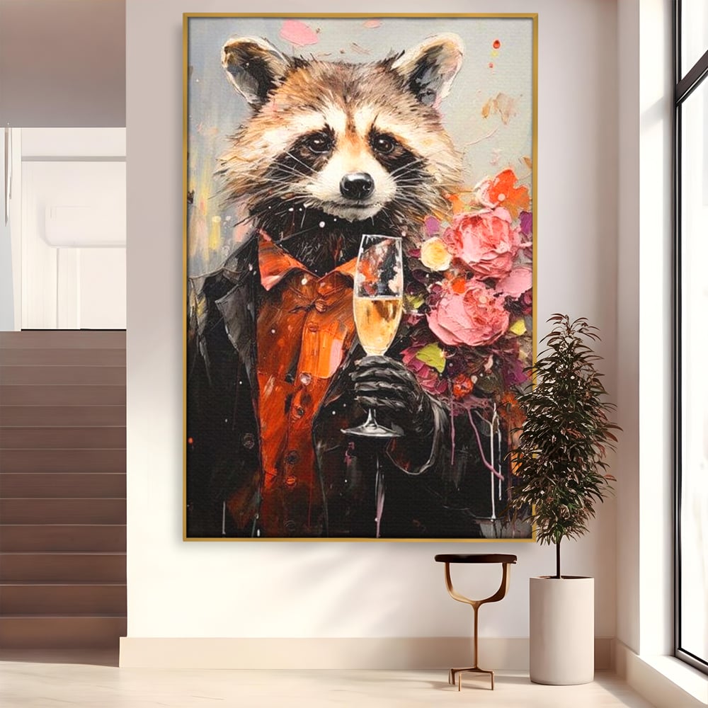 Leinwand Premium Leinwand Wandkunst, LuxCanva® N1055, Special Guest, Maus, Tier, Champagner, Getränk, Glas, Kostüm, elegant, Blumen, Party, Kneipe, Lounge, Bar, Restaurant, Küche, Küche