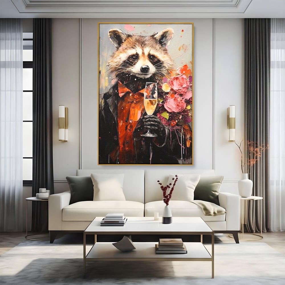Leinwand Premium Leinwand Wandkunst, LuxCanva® N1055, Special Guest, Maus, Tier, Champagner, Getränk, Glas, Kostüm, elegant, Blumen, Party, Kneipe, Lounge, Bar, Restaurant, Küche, Küche