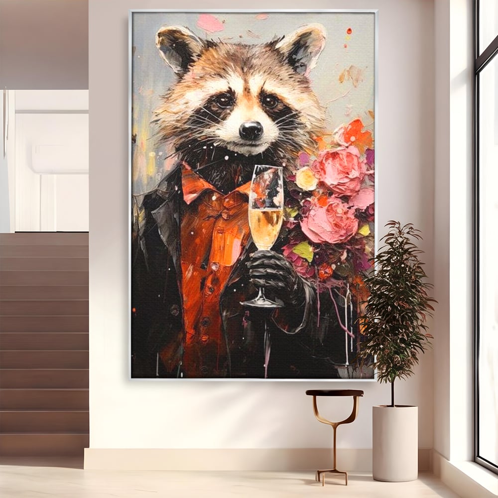 Leinwand Premium Leinwand Wandkunst, LuxCanva® N1055, Special Guest, Maus, Tier, Champagner, Getränk, Glas, Kostüm, elegant, Blumen, Party, Kneipe, Lounge, Bar, Restaurant, Küche, Küche
