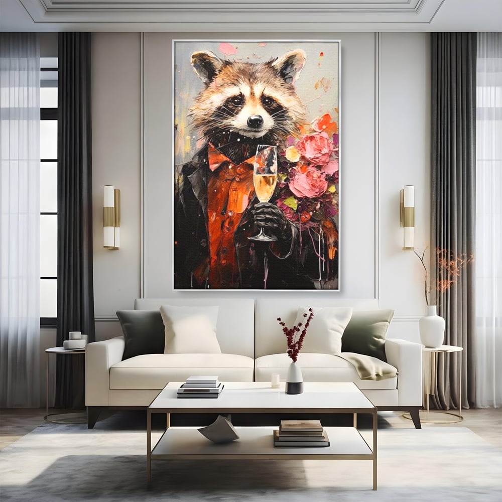 Leinwand Premium Leinwand Wandkunst, LuxCanva® N1055, Special Guest, Maus, Tier, Champagner, Getränk, Glas, Kostüm, elegant, Blumen, Party, Kneipe, Lounge, Bar, Restaurant, Küche, Küche