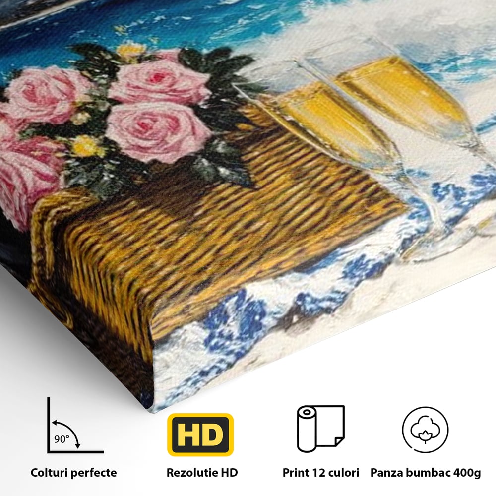 Leinwand Premium Canvas Wall Art, LuxCanva® N1056, Toast to Paradise, Wellen, Ozean, Picknick, Rosen, Glas, Gläser, Champagner, Getränk, Strand, Urlaub, Kneipe, Lounge, Bar, Restaurant, Küche, Küche