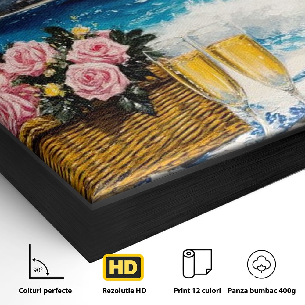 Leinwand Premium Canvas Wall Art, LuxCanva® N1056, Toast to Paradise, Wellen, Ozean, Picknick, Rosen, Glas, Gläser, Champagner, Getränk, Strand, Urlaub, Kneipe, Lounge, Bar, Restaurant, Küche, Küche
