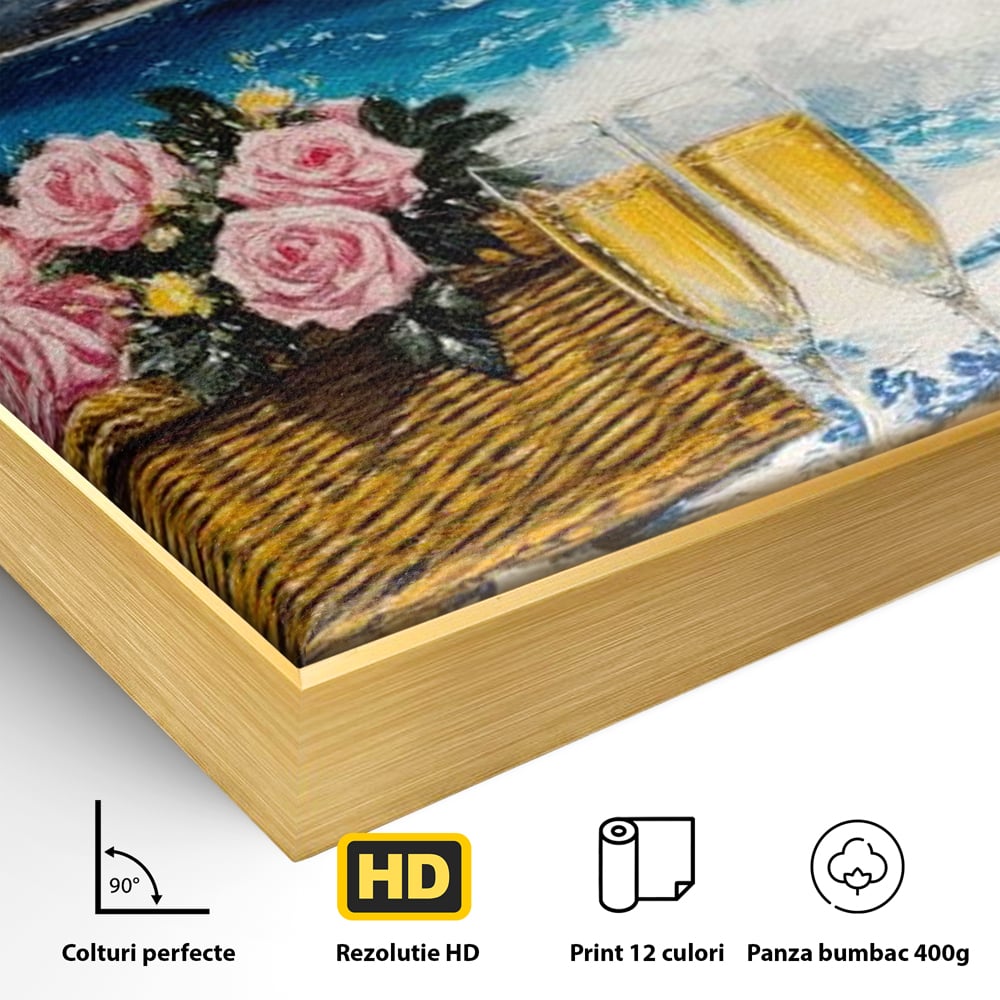 Leinwand Premium Canvas Wall Art, LuxCanva® N1056, Toast to Paradise, Wellen, Ozean, Picknick, Rosen, Glas, Gläser, Champagner, Getränk, Strand, Urlaub, Kneipe, Lounge, Bar, Restaurant, Küche, Küche
