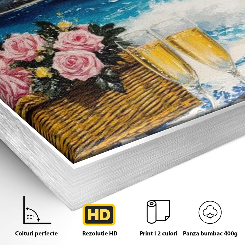 Leinwand Premium Canvas Wall Art, LuxCanva® N1056, Toast to Paradise, Wellen, Ozean, Picknick, Rosen, Glas, Gläser, Champagner, Getränk, Strand, Urlaub, Kneipe, Lounge, Bar, Restaurant, Küche, Küche