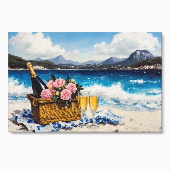 Leinwand Premium Canvas Wall Art, LuxCanva® N1056, Toast to Paradise, Wellen, Ozean, Picknick, Rosen, Glas, Gläser, Champagner, Getränk, Strand, Urlaub, Kneipe, Lounge, Bar, Restaurant, Küche, Küche