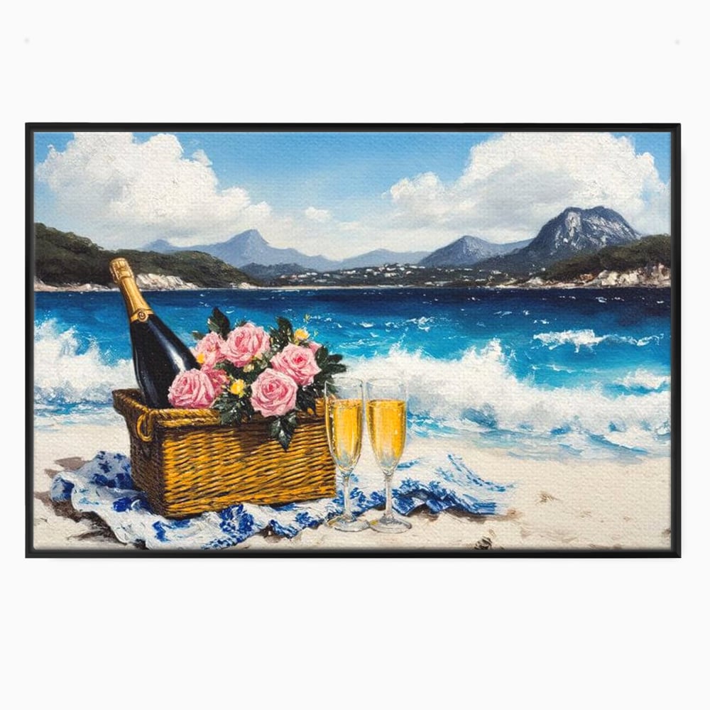 Leinwand Premium Canvas Wall Art, LuxCanva® N1056, Toast to Paradise, Wellen, Ozean, Picknick, Rosen, Glas, Gläser, Champagner, Getränk, Strand, Urlaub, Kneipe, Lounge, Bar, Restaurant, Küche, Küche