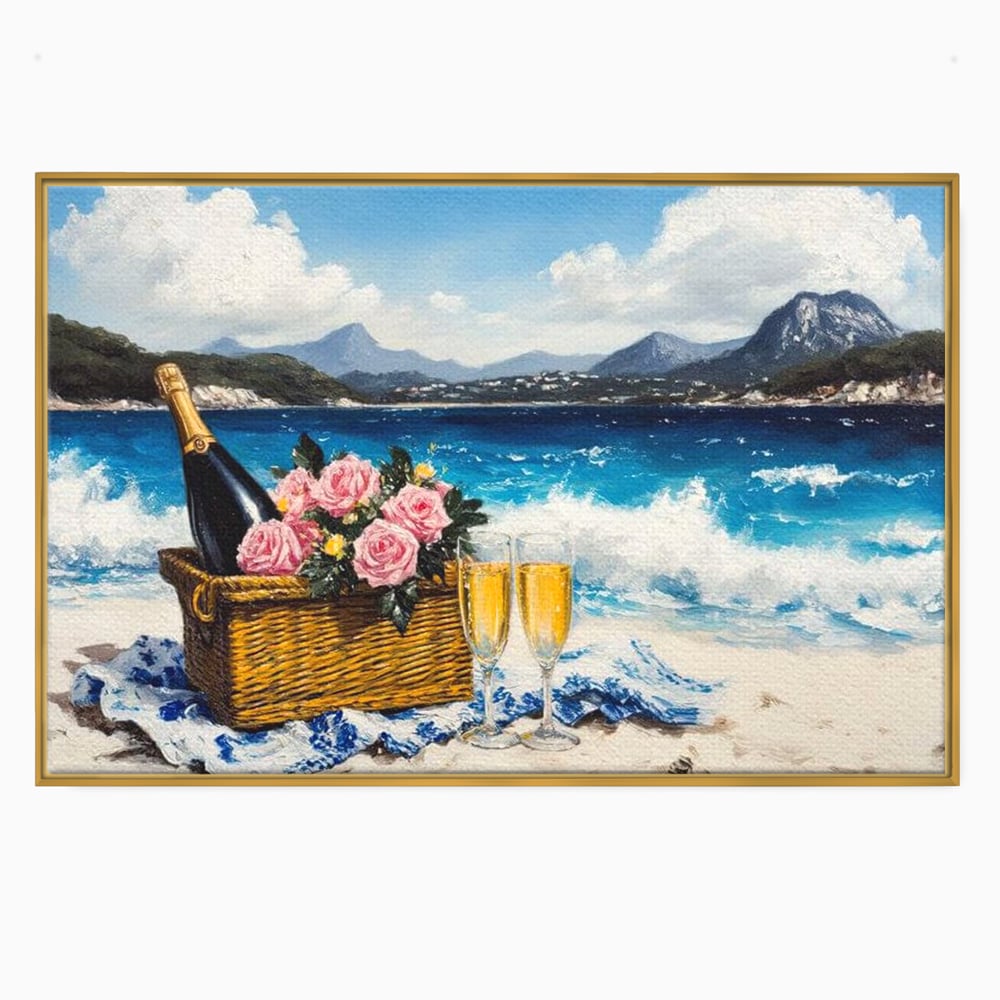 Leinwand Premium Canvas Wall Art, LuxCanva® N1056, Toast to Paradise, Wellen, Ozean, Picknick, Rosen, Glas, Gläser, Champagner, Getränk, Strand, Urlaub, Kneipe, Lounge, Bar, Restaurant, Küche, Küche
