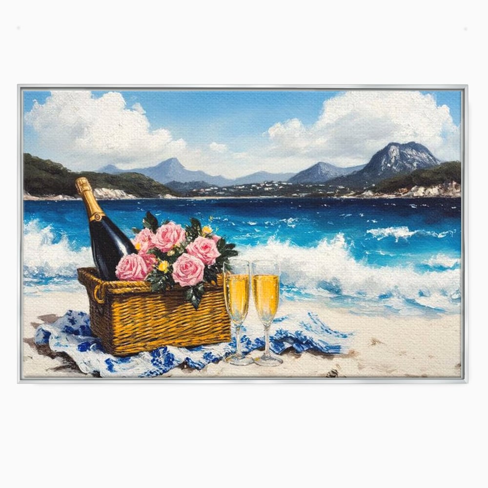 Leinwand Premium Canvas Wall Art, LuxCanva® N1056, Toast to Paradise, Wellen, Ozean, Picknick, Rosen, Glas, Gläser, Champagner, Getränk, Strand, Urlaub, Kneipe, Lounge, Bar, Restaurant, Küche, Küche