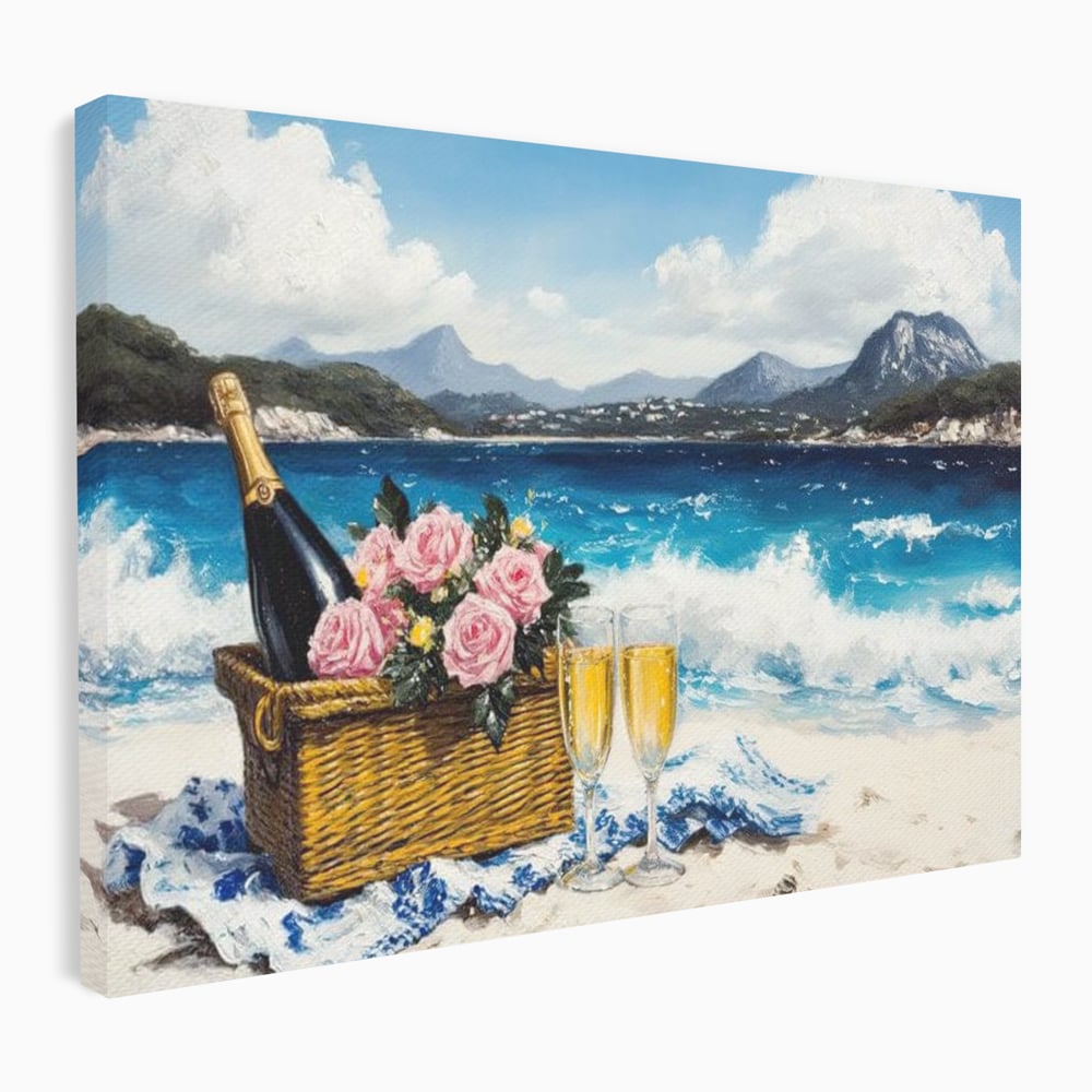 Leinwand Premium Canvas Wall Art, LuxCanva® N1056, Toast to Paradise, Wellen, Ozean, Picknick, Rosen, Glas, Gläser, Champagner, Getränk, Strand, Urlaub, Kneipe, Lounge, Bar, Restaurant, Küche, Küche
