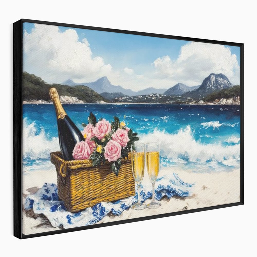 Leinwand Premium Canvas Wall Art, LuxCanva® N1056, Toast to Paradise, Wellen, Ozean, Picknick, Rosen, Glas, Gläser, Champagner, Getränk, Strand, Urlaub, Kneipe, Lounge, Bar, Restaurant, Küche, Küche