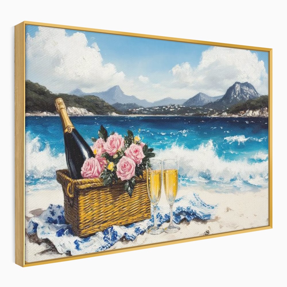 Leinwand Premium Canvas Wall Art, LuxCanva® N1056, Toast to Paradise, Wellen, Ozean, Picknick, Rosen, Glas, Gläser, Champagner, Getränk, Strand, Urlaub, Kneipe, Lounge, Bar, Restaurant, Küche, Küche