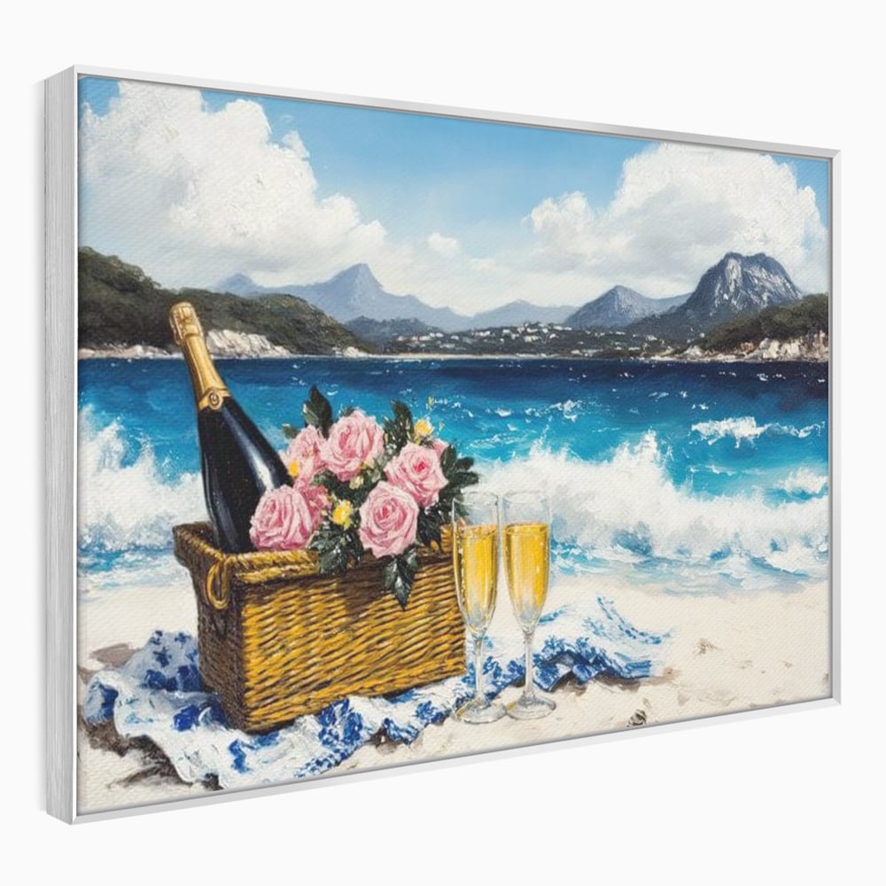 Leinwand Premium Canvas Wall Art, LuxCanva® N1056, Toast to Paradise, Wellen, Ozean, Picknick, Rosen, Glas, Gläser, Champagner, Getränk, Strand, Urlaub, Kneipe, Lounge, Bar, Restaurant, Küche, Küche