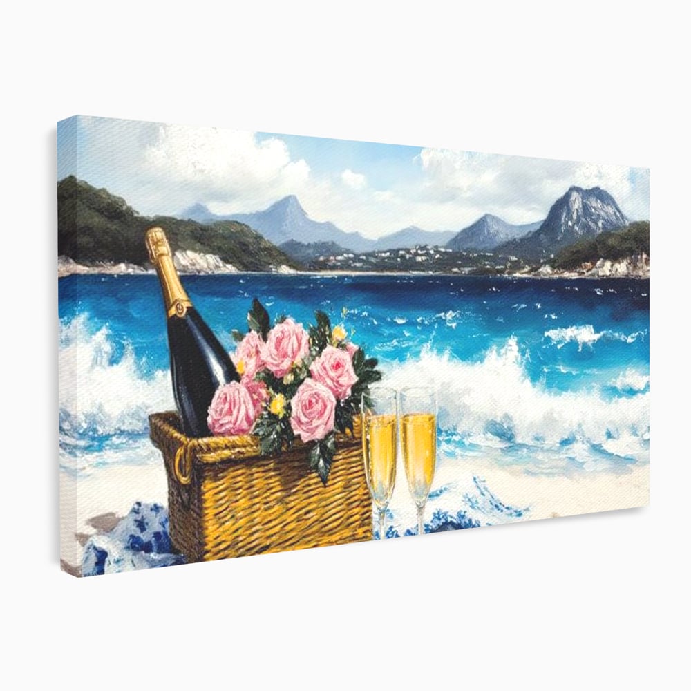 Leinwand Premium Canvas Wall Art, LuxCanva® N1056, Toast to Paradise, Wellen, Ozean, Picknick, Rosen, Glas, Gläser, Champagner, Getränk, Strand, Urlaub, Kneipe, Lounge, Bar, Restaurant, Küche, Küche