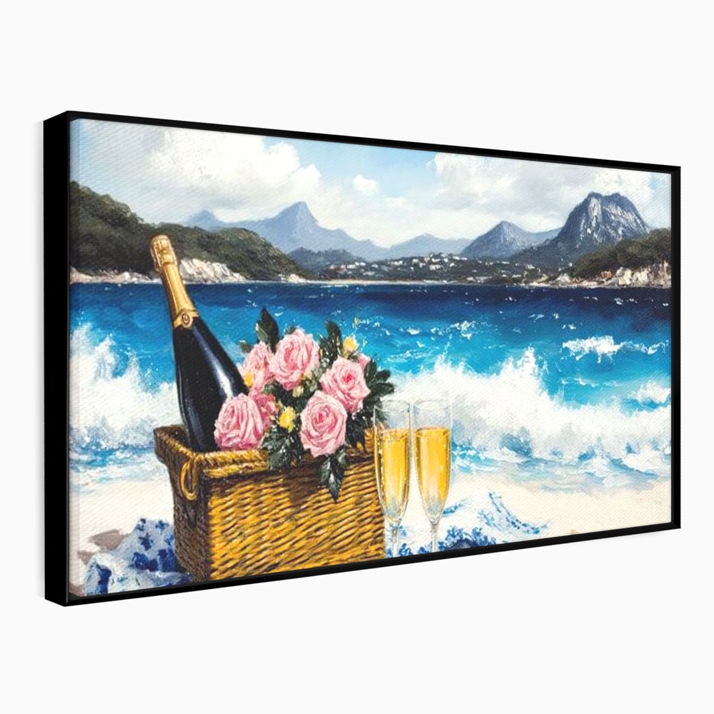 Leinwand Premium Canvas Wall Art, LuxCanva® N1056, Toast to Paradise, Wellen, Ozean, Picknick, Rosen, Glas, Gläser, Champagner, Getränk, Strand, Urlaub, Kneipe, Lounge, Bar, Restaurant, Küche, Küche