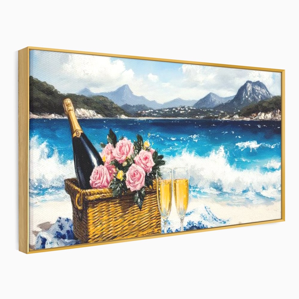 Leinwand Premium Canvas Wall Art, LuxCanva® N1056, Toast to Paradise, Wellen, Ozean, Picknick, Rosen, Glas, Gläser, Champagner, Getränk, Strand, Urlaub, Kneipe, Lounge, Bar, Restaurant, Küche, Küche