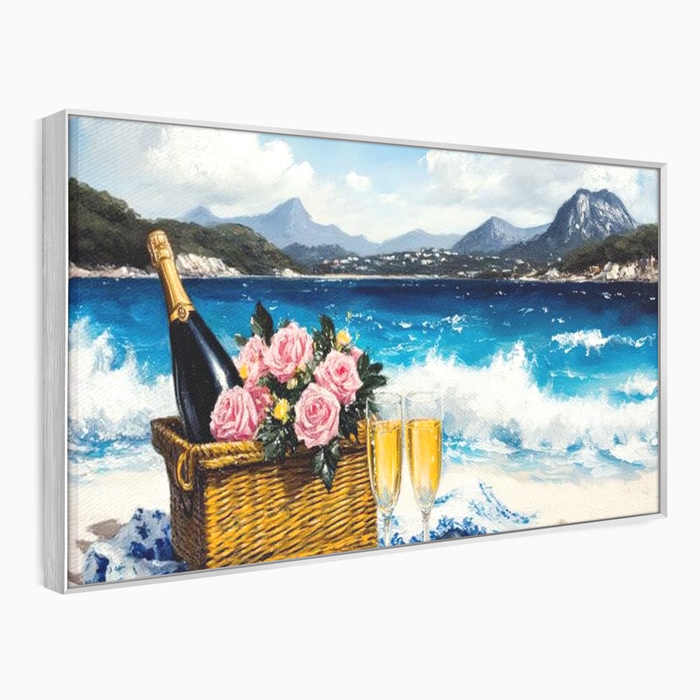 Leinwand Premium Canvas Wall Art, LuxCanva® N1056, Toast to Paradise, Wellen, Ozean, Picknick, Rosen, Glas, Gläser, Champagner, Getränk, Strand, Urlaub, Kneipe, Lounge, Bar, Restaurant, Küche, Küche